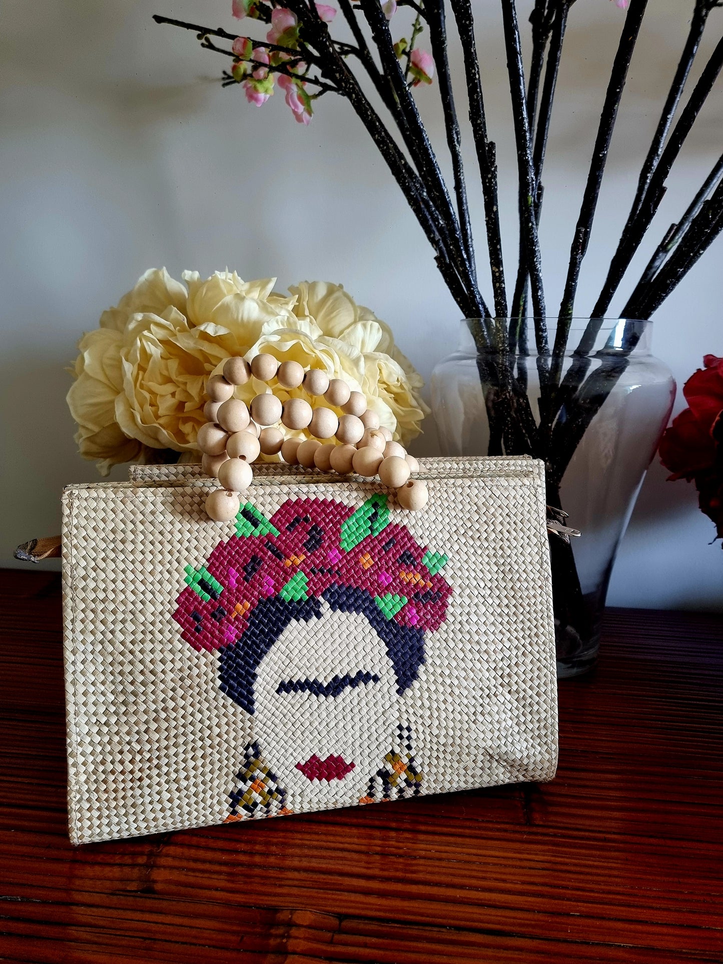 Frida Handwoven Bag with Wooden Beads Handle | Fab-Rika
