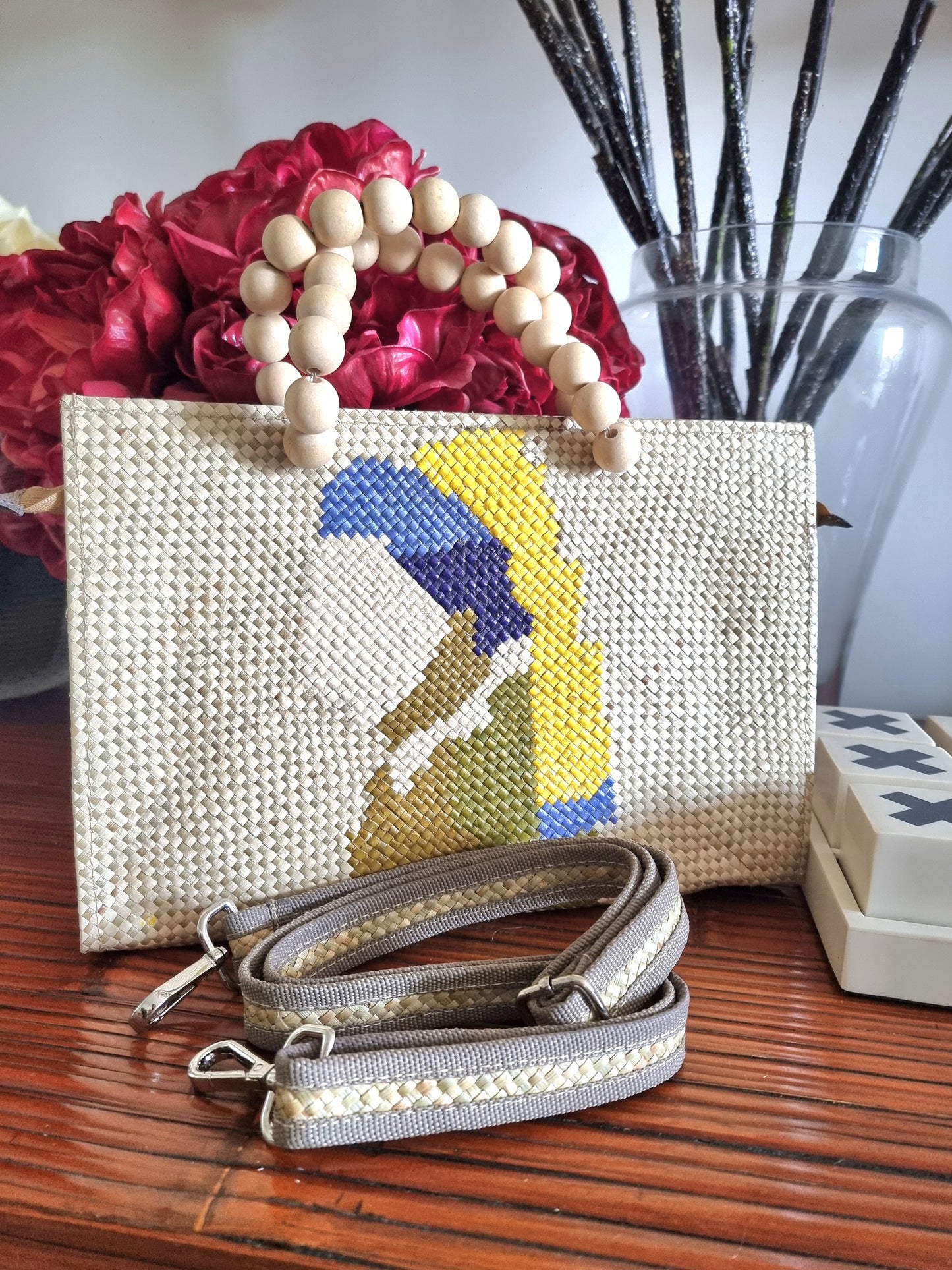 Vermeer Banig Bag with Wooden Beads Handle - FAB-RIKA