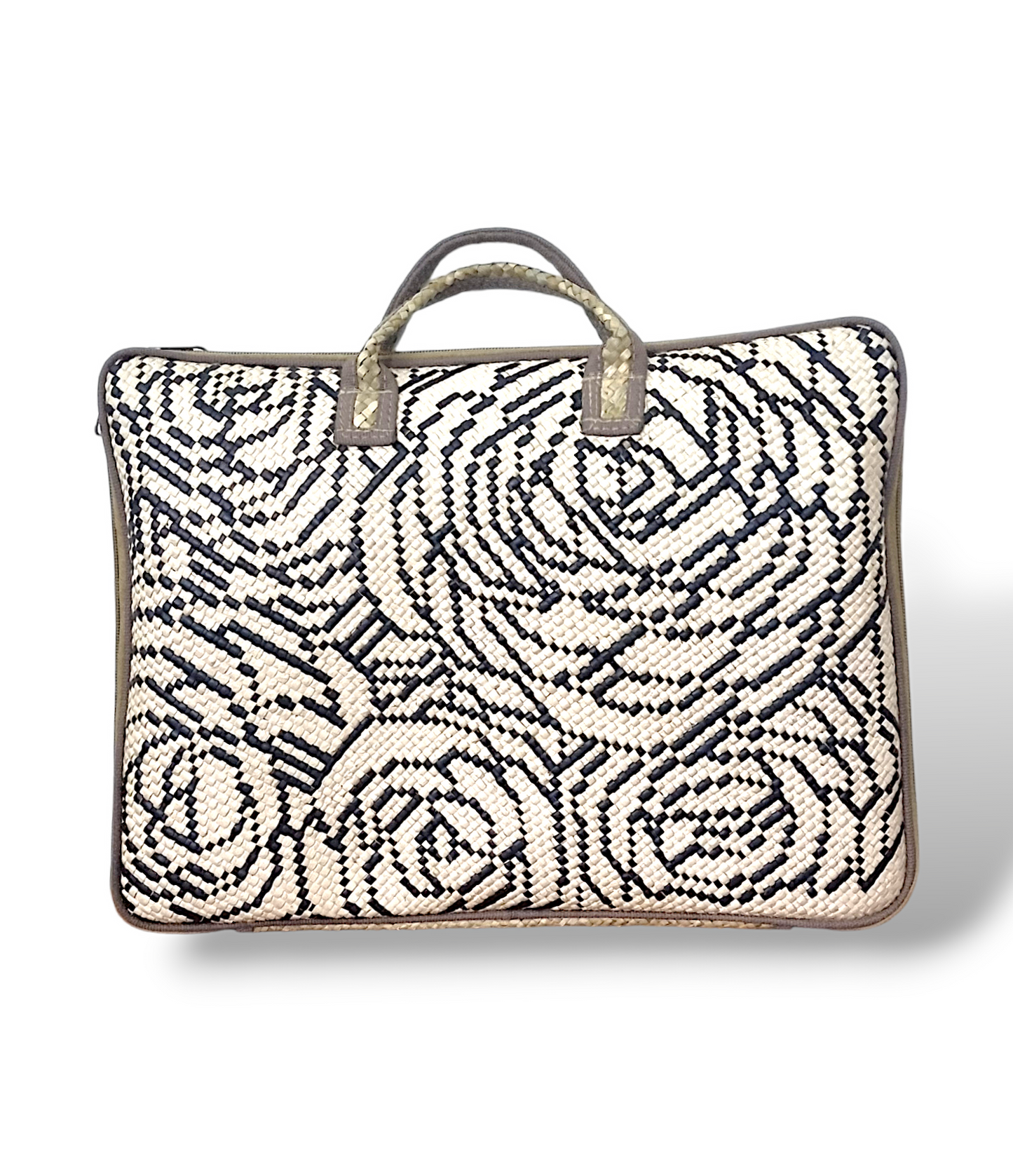 FAB-RIKA Handwoven Laptop Bag in Camelia, showcasing its intricate seagrass weave and spacious interior.
