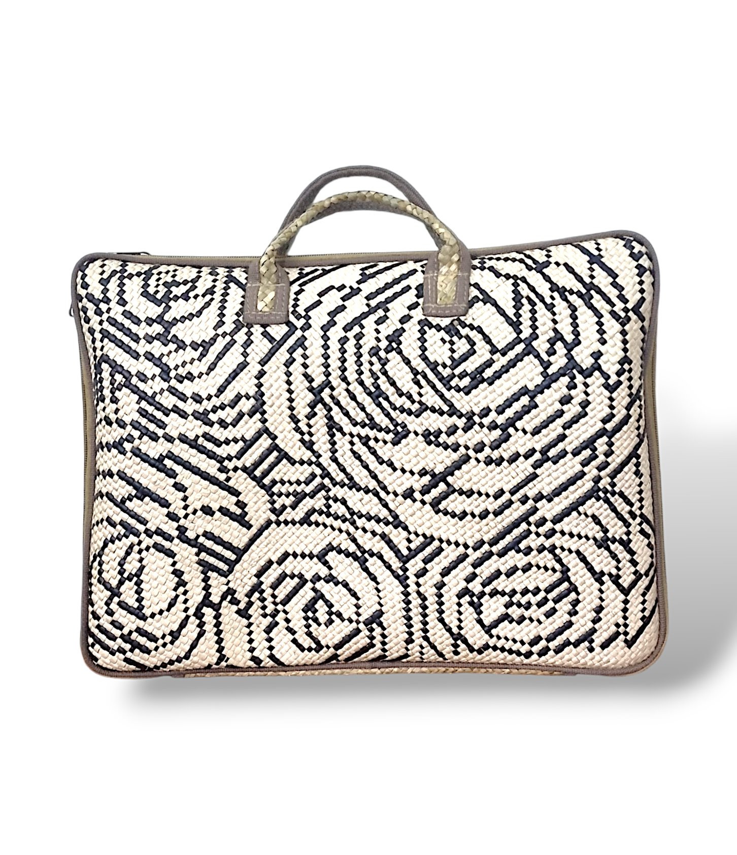 FAB-RIKA Handwoven Laptop Bag in Camelia, showcasing its intricate seagrass weave and spacious interior.