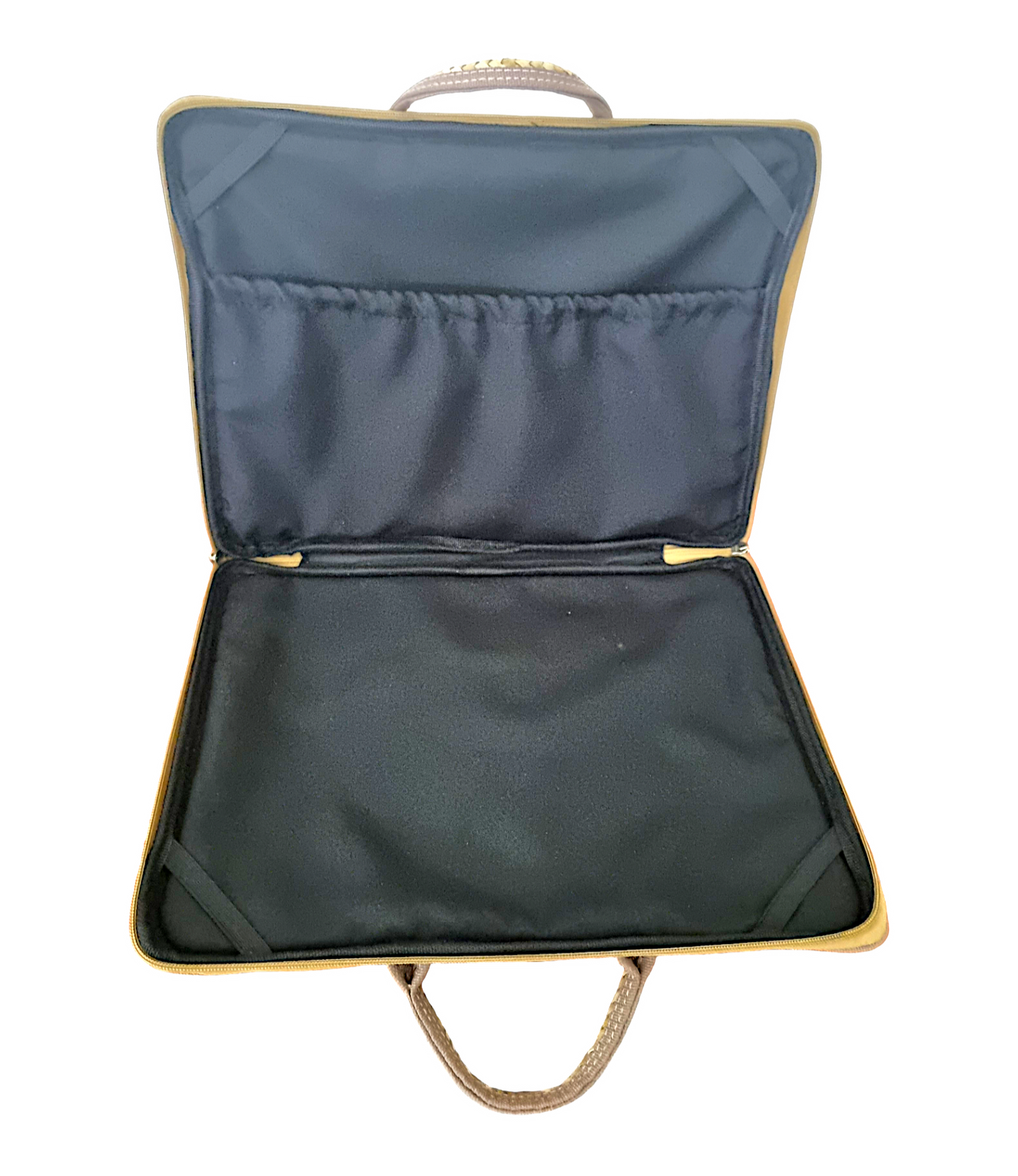  Interior shot of the bag, displaying the inner lining fabric and foamed pocket designed for laptop protection.