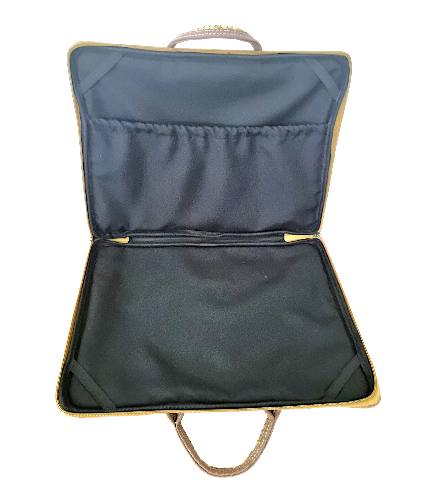  Interior shot of the bag, displaying the inner lining fabric and foamed pocket designed for laptop protection.